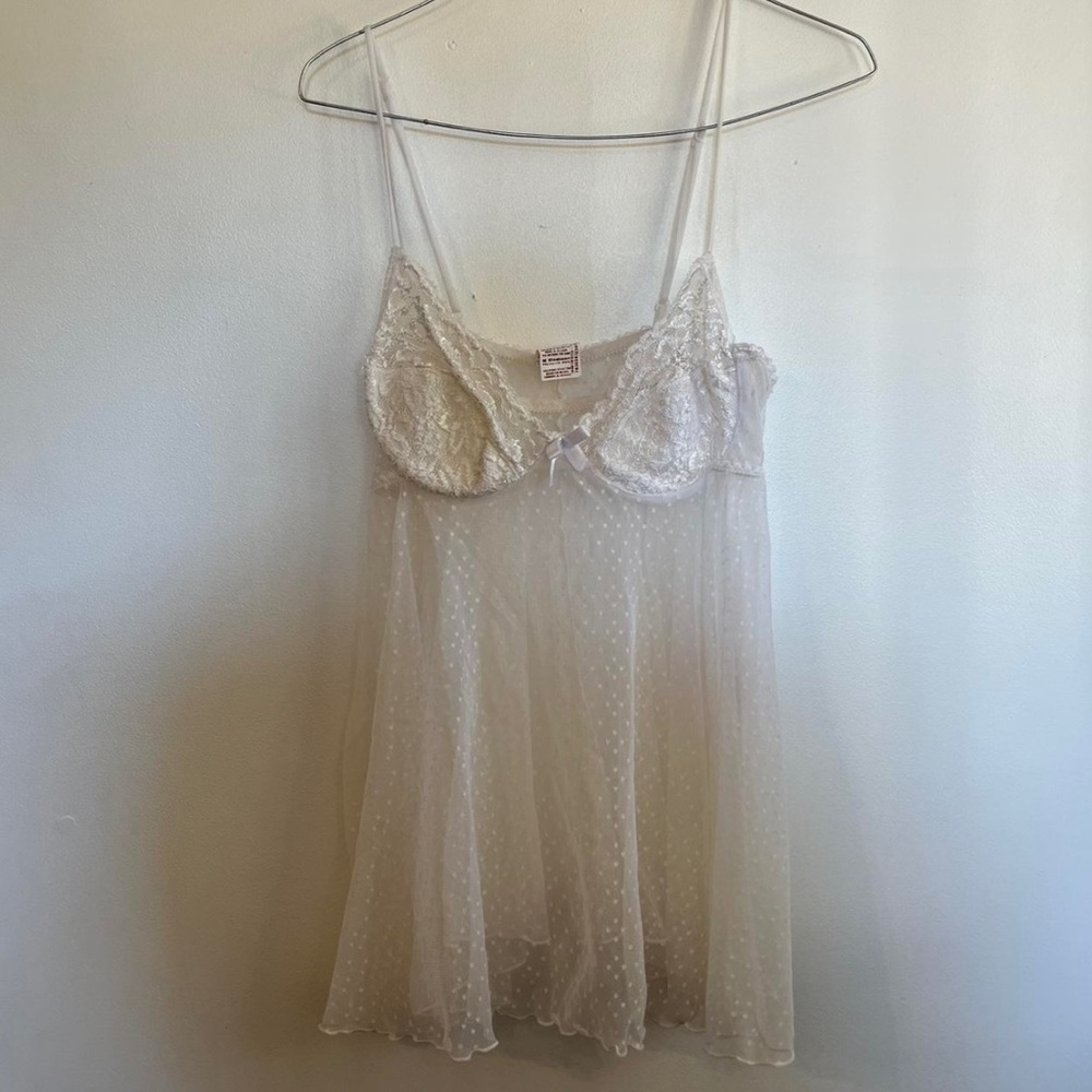 Elegant vintage sheer white polka dot Babydoll Lingerie slipdress w/ bow detail